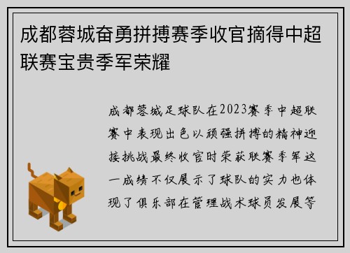 成都蓉城奋勇拼搏赛季收官摘得中超联赛宝贵季军荣耀 成都蓉城奋勇拼搏赛季收官摘得中超联赛宝贵季军荣耀